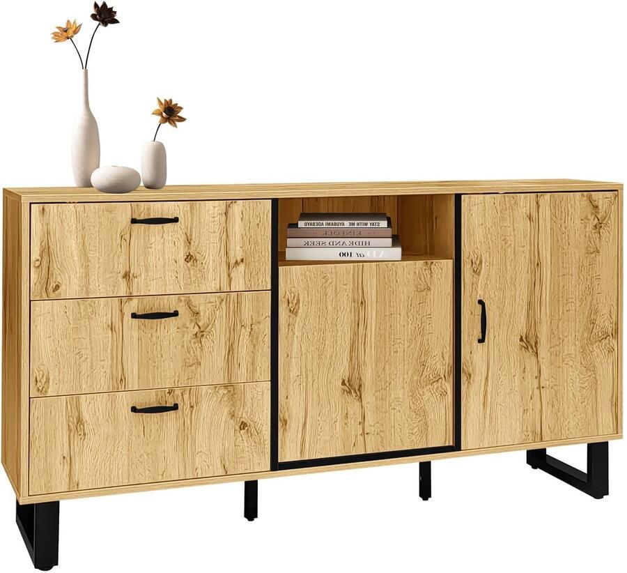 Merax Sideboard Dressoir met Lades en Deuren Opbergkast met Open Vlak en Hout-Zwart Design Moderne Kast voor Woonkamer of Hal