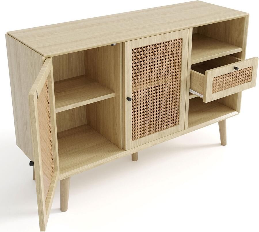 Merax Sideboard – Eikenhouten Opbergkast – Kast met 1 Lade en 2 Deuren – Rattan Fronten – Verstelbare Legplanken – Retro Dressoir – 120 x 40 x 80 cm – Massief Houten Poten