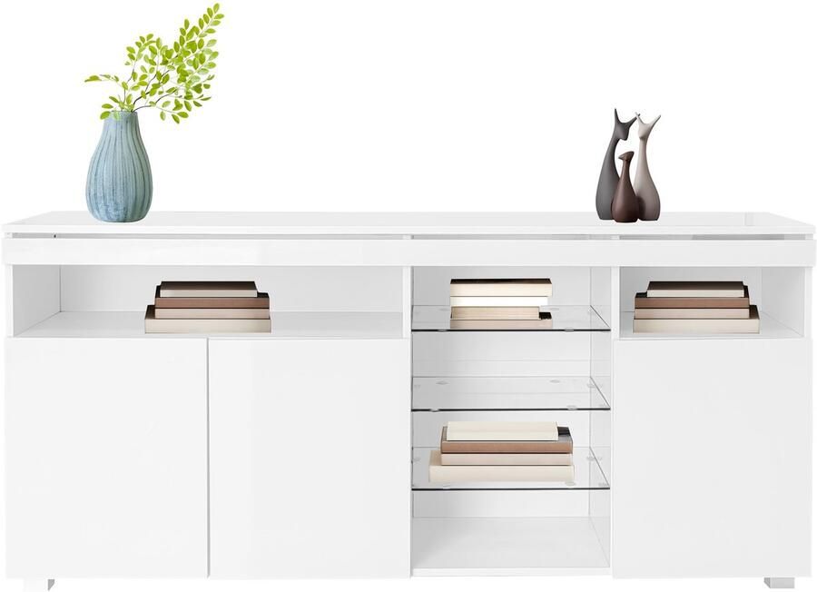 Merax Sideboard – Hoogglans Dressoir met LED Verlichting Glasplanken en Drie Deuren voor Woonkamer Eetkamer of Hal – 155x35x72 cm – Wit