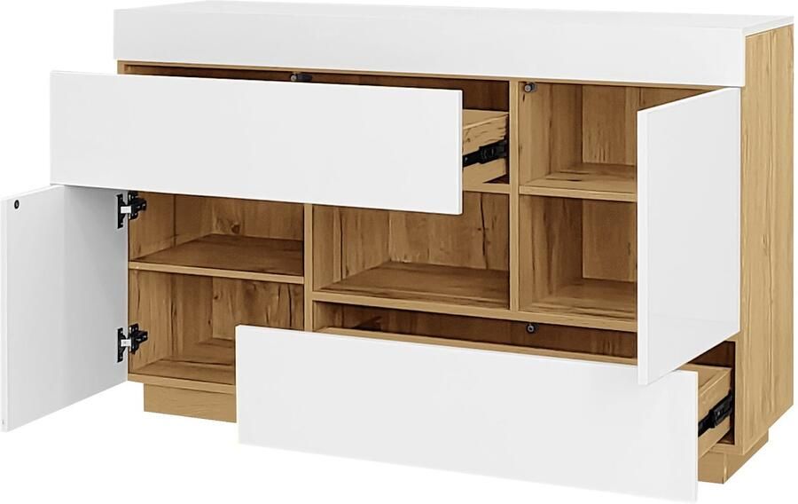 Merax Dressoir met Open Vak Hoogglans Wit met Bruin Lade en Deuren 16 Kleuren LED Verlichting 120x37x76 5 cm - Foto 2