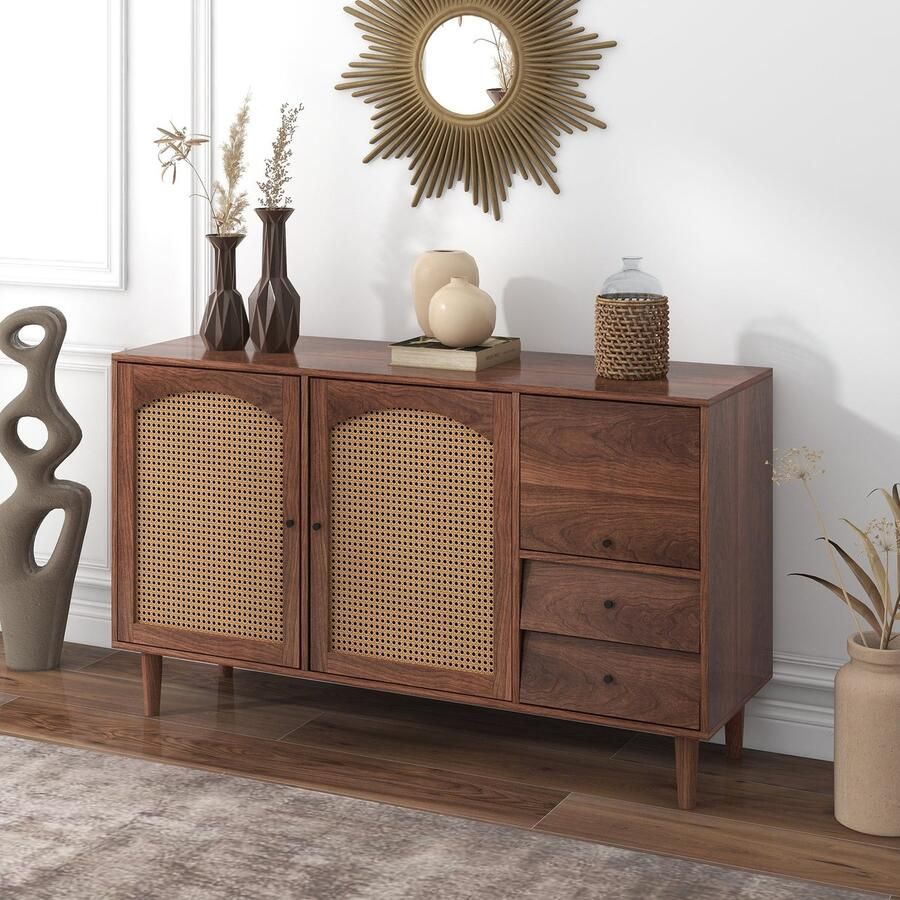 Merax Sideboard Houten Commode Dressoir met Rattan Deuren Bruin