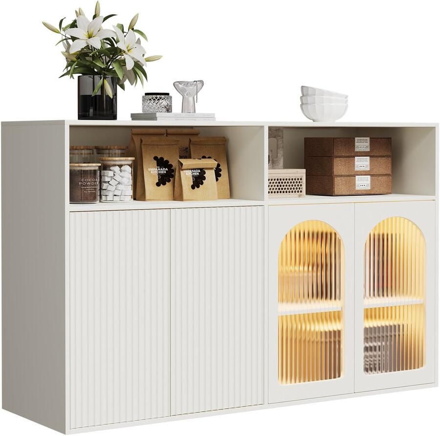 Merax Sideboard Kast met Glazen Deuren en LED-Verlichting – Wit – 140x35x90 cm – Houten Opbergkast Vrijstaand – Voor Woonkamer Keuken of Hal