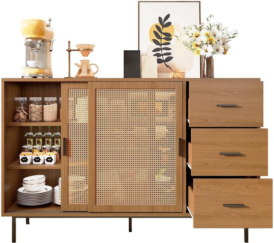 Merax Sideboard Landelijk Dressoir met 2 Schuifdeuren en 3 Lades Verstelbare Legplanken Buffetkast voor Woonkamer en Eetkamer 140x37x91 cm Naturel