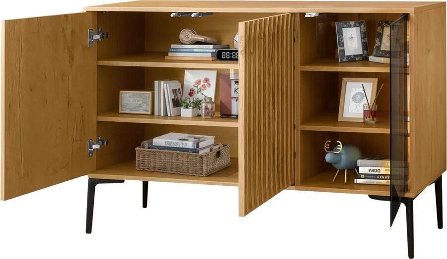 Merax Sideboard met Glazen Deur en LED-Verlichting Houten Opbergkast van 120 cm Breed voor Badkamer Woonkamer en Slaapkamer