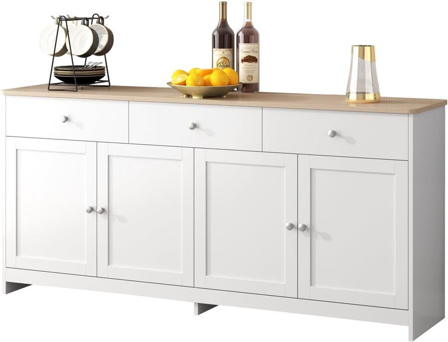 Merax Sideboard met Witte Houtnerf Vier Deuren en Drie Schuiven Voor Woonkamer en Eetkamer Wit en Houtkleur