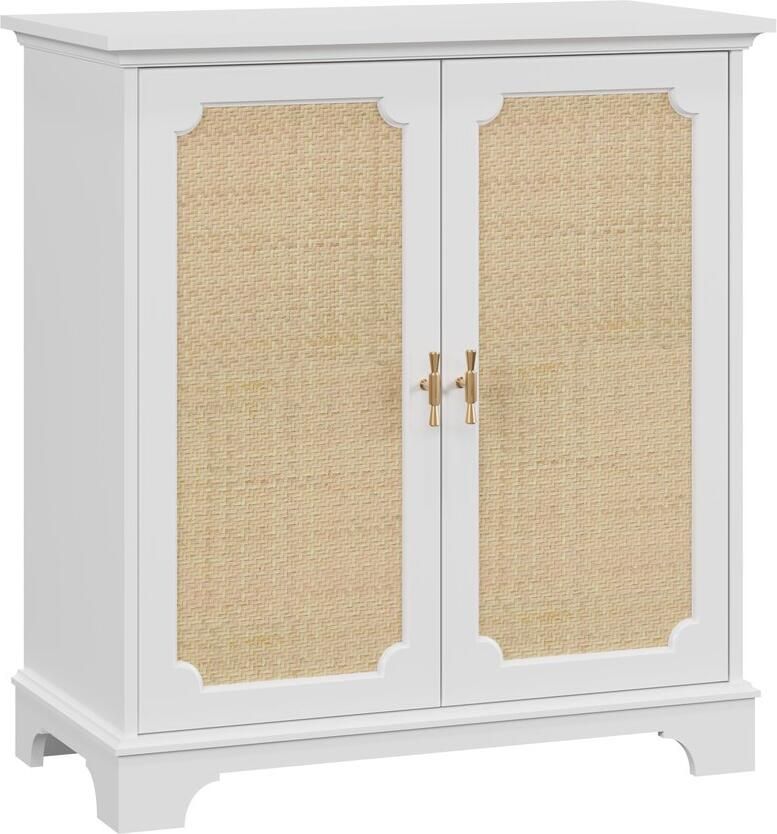 Merax Sideboard met Rattan Deuren Buffetkast Dressoir Wijnkast Opbergkast voor Woonkamer Hal Keuken Wit 80x38x86 cm