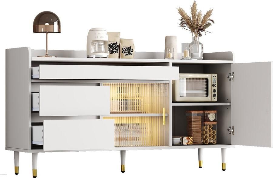 Merax Dressoir met LED-Verlichting Kast met Veelzijdige Opbergruimte en Glazen Schuifdeuren Wit
