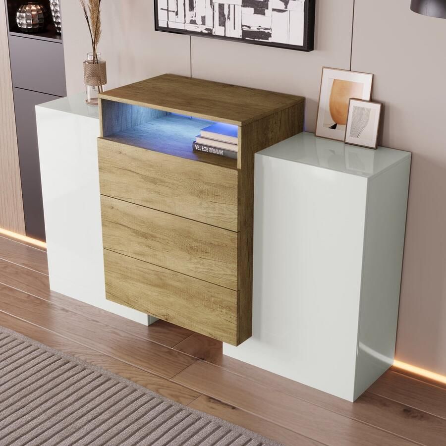 Merax Sideboard – Moderne Commode van 140 cm Hoogglans Wit en Houtkleur met Meerkleurige LED-verlichting Stijlvolle Opbergoplossing