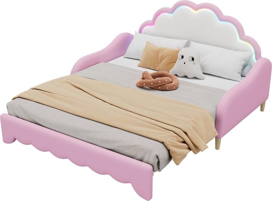 Merax Slaapbank 140x200 cm – Kunstleer Gestoffeerd Bed met LED Verlichting Afstandsbediening en Multifunctioneel Ontwerp – Roze