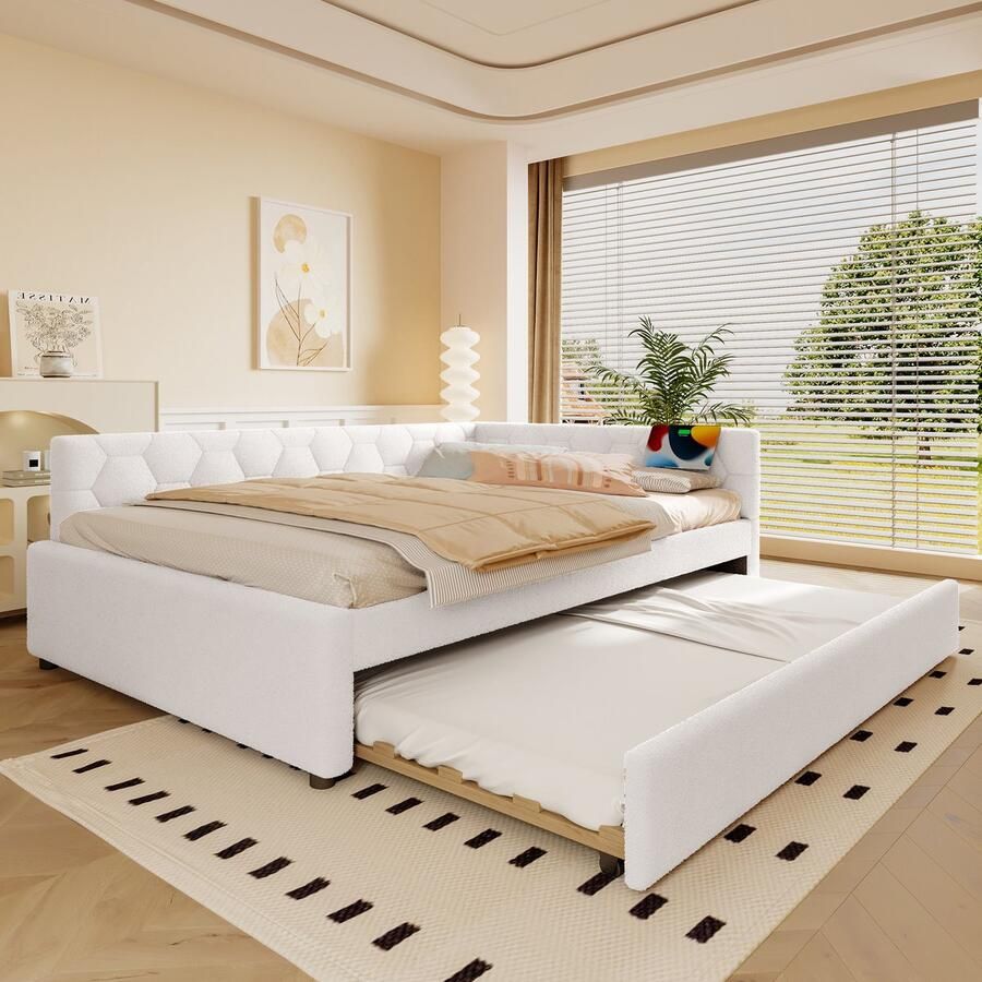 Merax Slaapbank 140x200 cm met bedlampje Gestoffeerd bed met uitschuifbaar bed USB-poort Type-C wit zonder matras