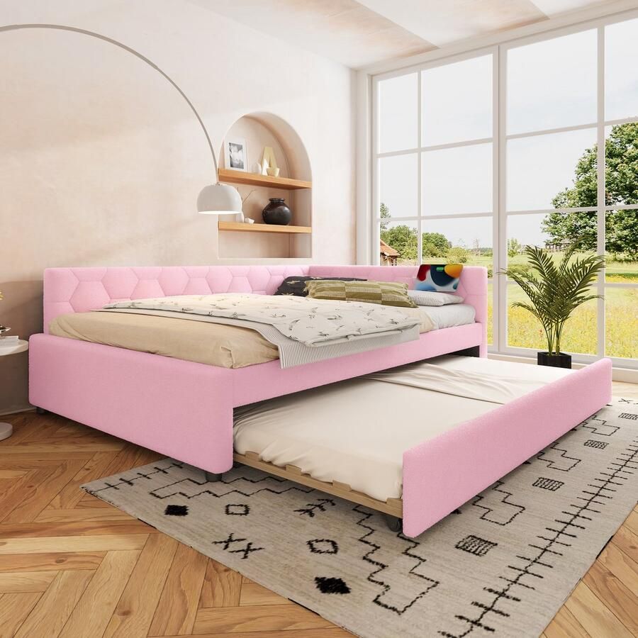 Merax Slaapbank 140x200 cm met bedlampje Gestoffeerd bed met uitschuifbaar bed USB-poort Type-C roze zonder matras