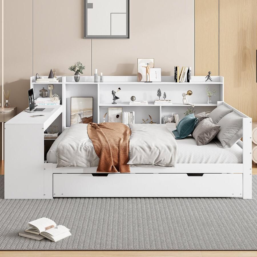 Merax Slaapbank 140x200 cm met bureau boekenplank opbergrek met stopcontact met uitschuifbaar bed wit zonder matras