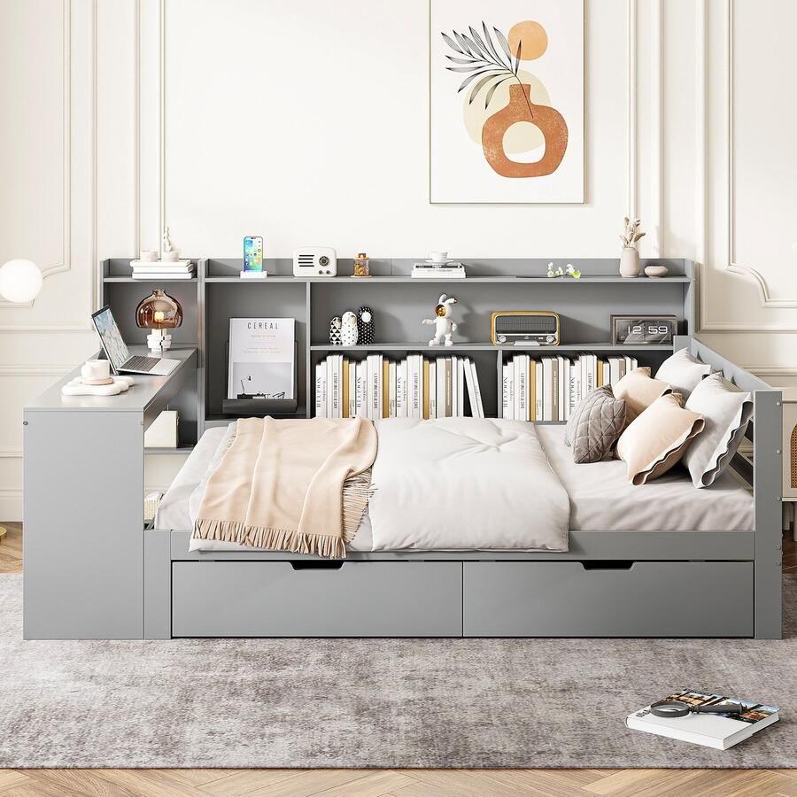 Merax Slaapbank 140x200 cm met bureau boekenplank opbergvakken en schappen met stopcontact grijs zonder matras