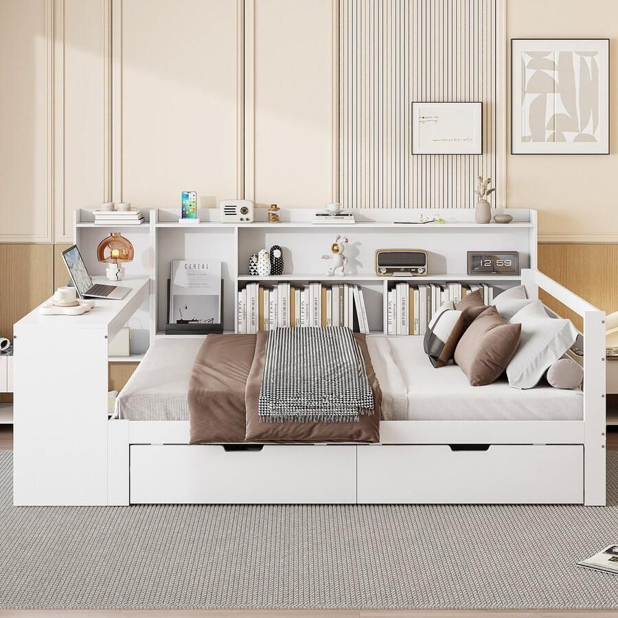 Merax Slaapbank 140x200 cm met bureau boekenplank opbergvakken en schappen met stopcontact wit zonder matras