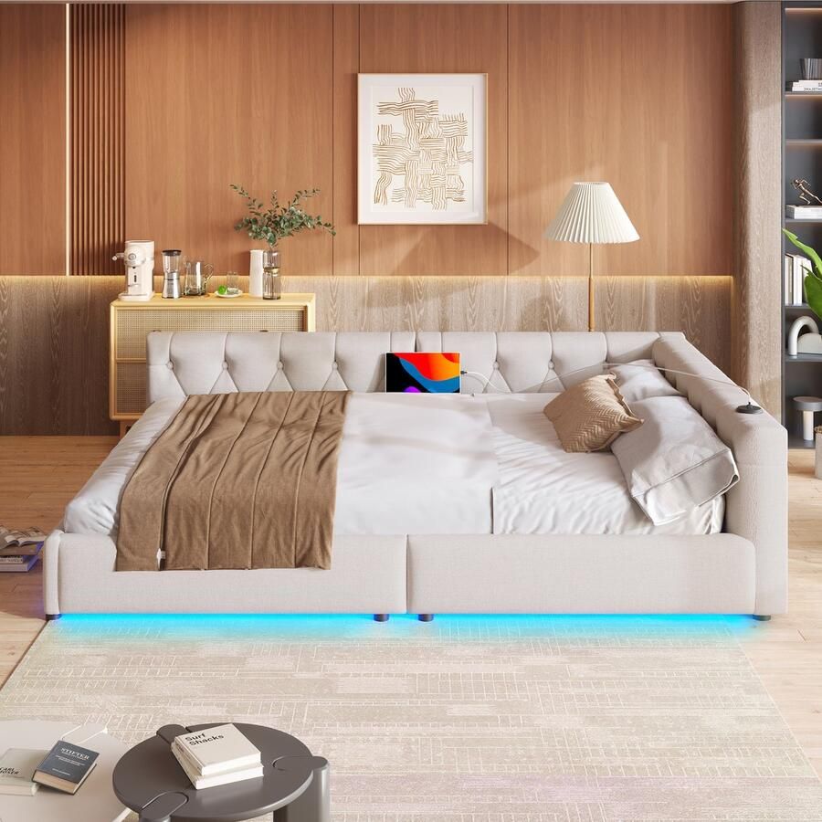Merax Slaapbank 140x200 cm met LED-verlichting hoofdeinde met knopen USB Type-C beige matras niet inbegrepen