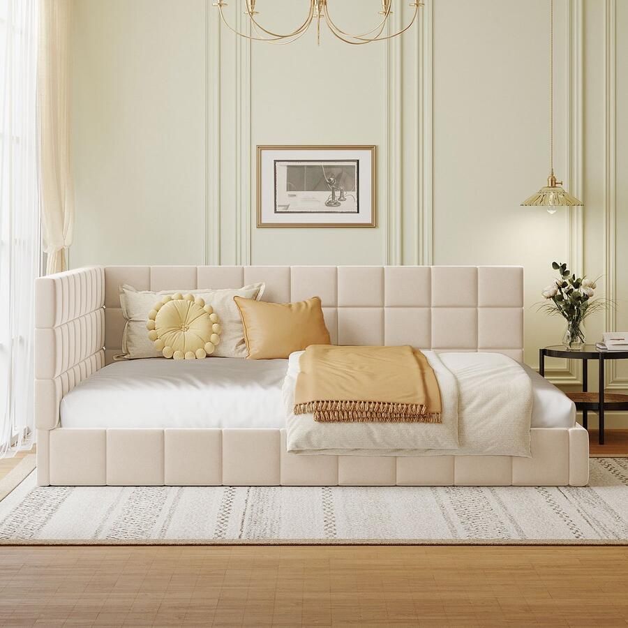 Merax Slaapbank 140x200cm multifunctioneel bed verticale strepen inclusief houten lattenbodem beige zonder matras