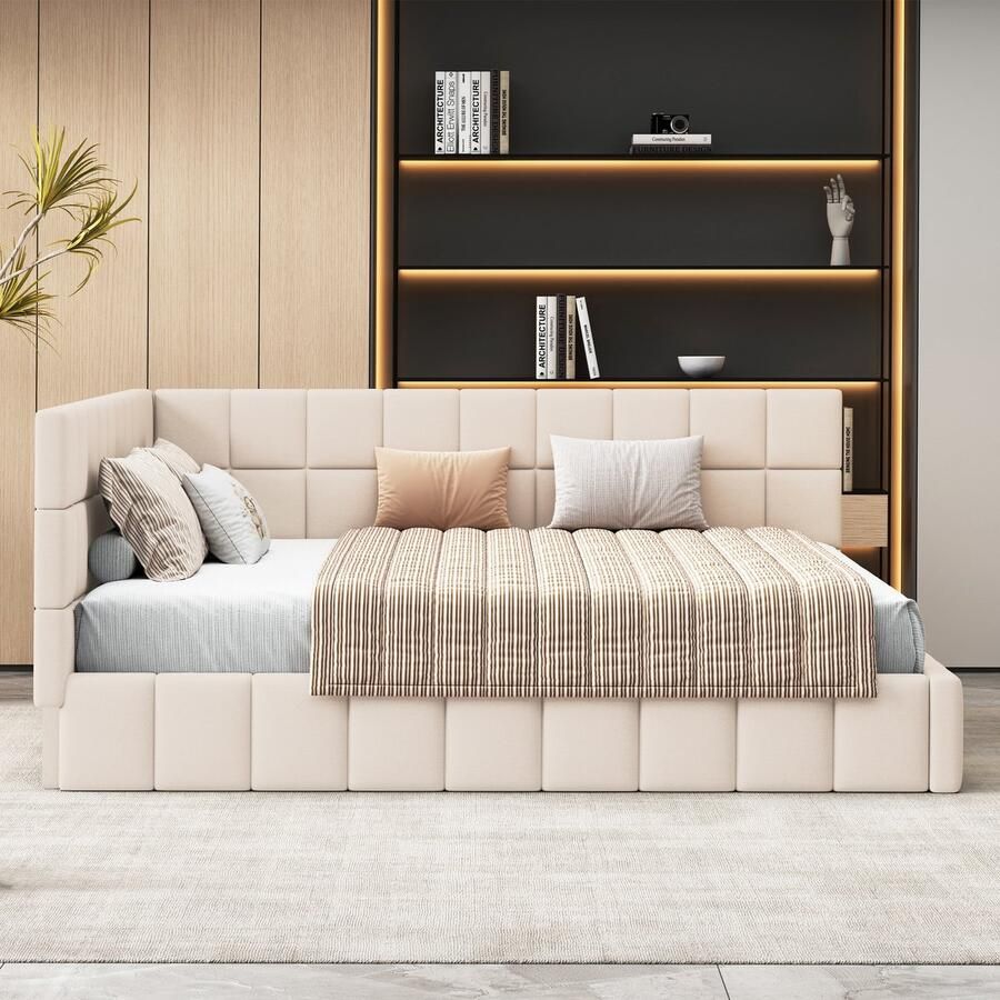 Merax Slaapbank 160x200cm multifunctioneel bed verticale strepen inclusief houten lattenbodem beige zonder matras