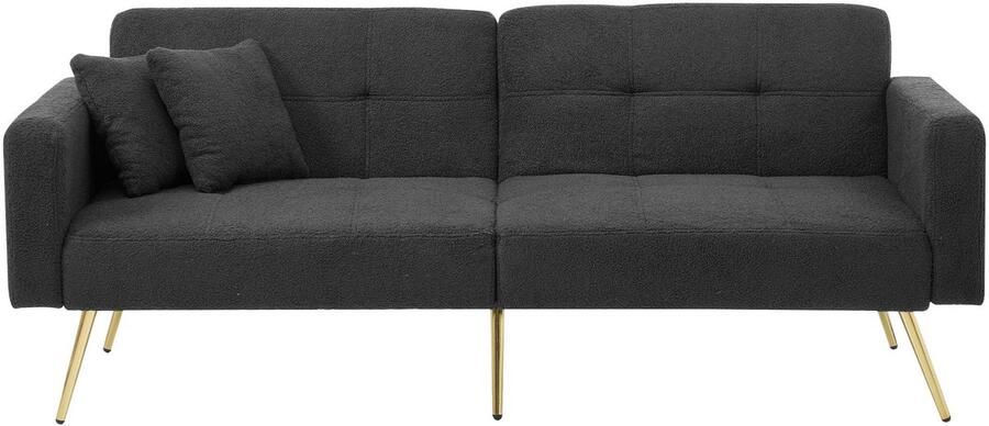 Merax Slaapbank met Bedfunctie – Verstelbare Rugleuning Luxe Gouden Poten Inclusief Kussens & Opbergvakken – Donkergrijze Sherpa Stof – 2-Zits