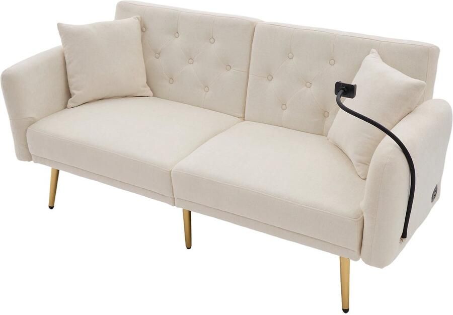Merax Slaapbank 2-zits – Verstelbare Rugleuning USB Oplaadpunten Telefoonhouder Zijvak Stabiele Metalen Poten Moderne Opklapbare Sofa Beige