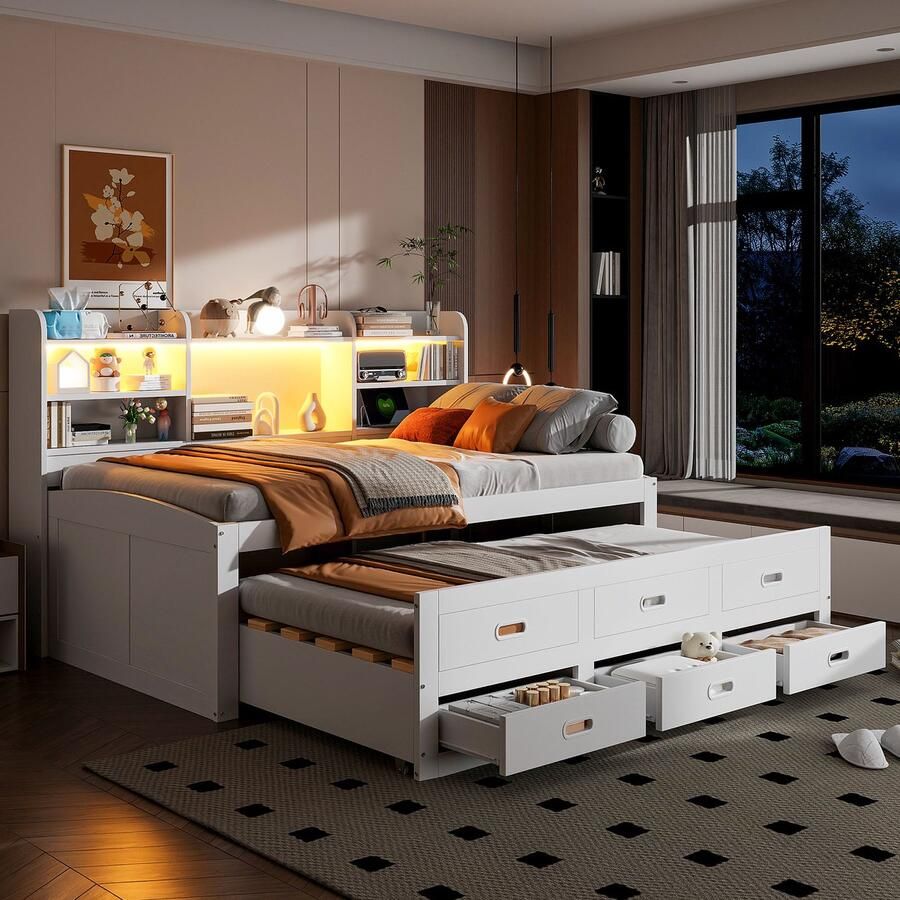 Merax Slaapbank 90 x 200 cm LED-verlichting 3 lades hoofdbordplank multifunctioneel uitschuifbed met USB type-c zonder matras wit