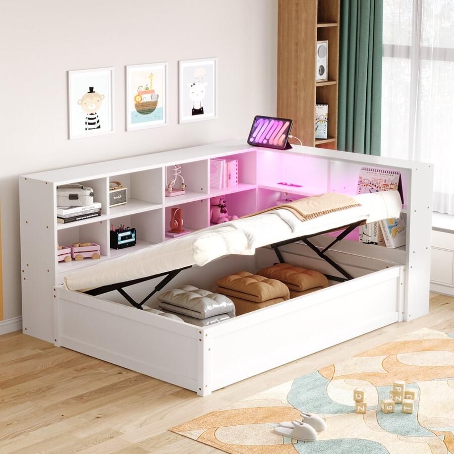 Merax Slaapbank 90 x 200 cm met stopcontact en opbergvak met LED-verlichting met opbergruimte eenpersoonsbed wit zonder matras