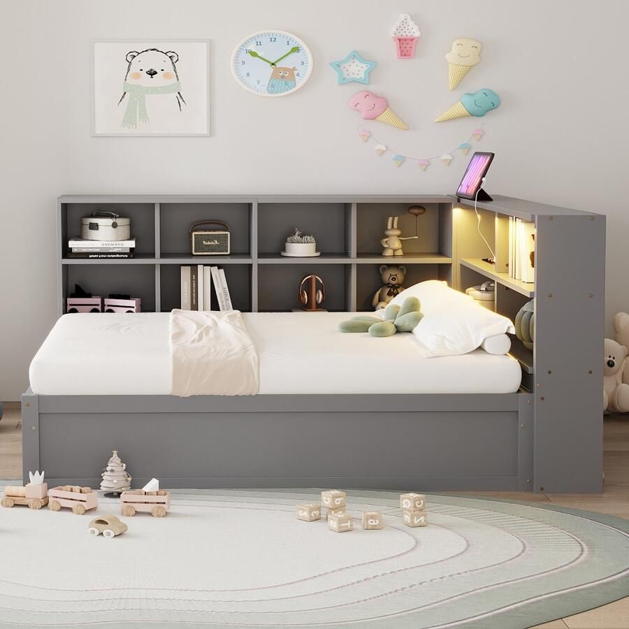 Merax Slaapbank 90 x 200 cm met stopcontact en opbergvak met LED-verlichting met opbergruimte eenpersoonsbed grijs zonder matras