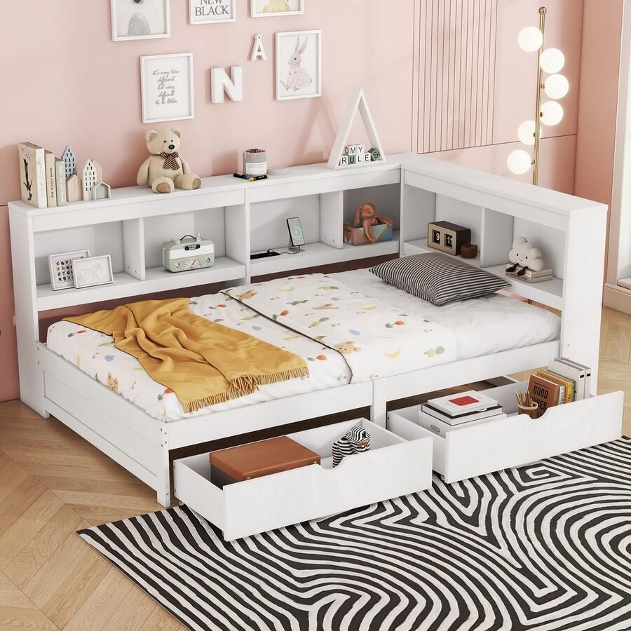 Merax Slaapbank 90 x 200 cm met twee lades met stopcontacten en 2 USB-poorten zonder matras wit