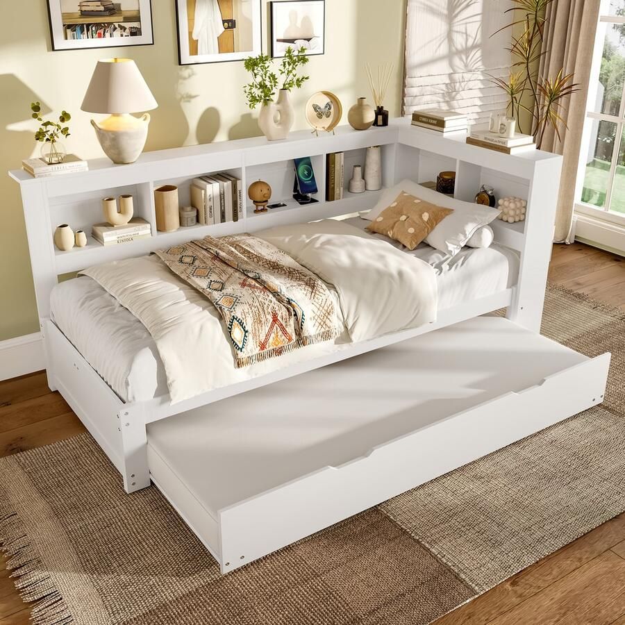 Merax Slaapbank 90 x 200 cm met uitschuifbaar bed met stopcontact en 2 USB-poorten zonder matras wit