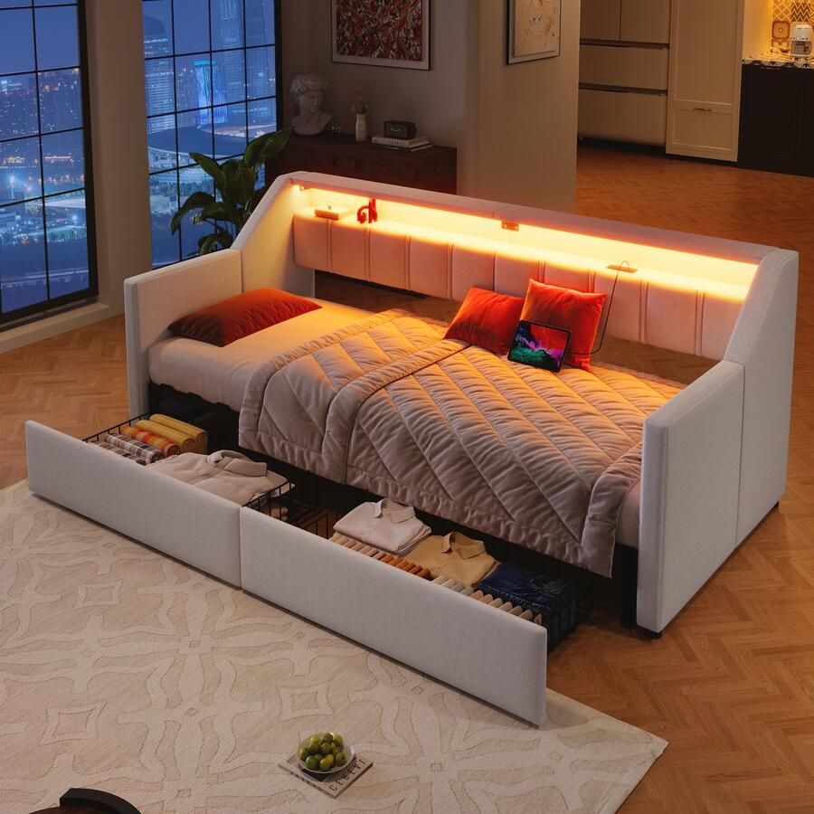 Merax Slaapbank 90 x 200 cm met USB en Type-C LED-verlichting met 2 lades multifunctioneel uitschuifbaar bed zonder matras beige