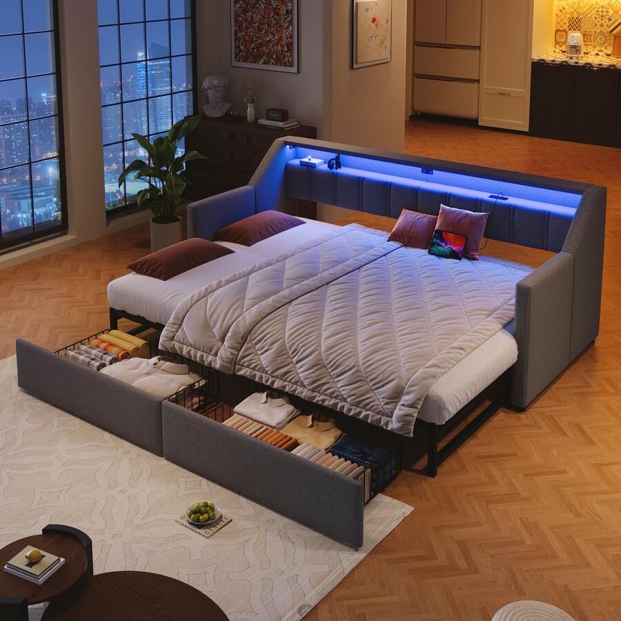 Merax Slaapbank 90 x 200 cm met USB en Type-C LED-verlichting met 2 lades multifunctioneel uitschuifbaar bed zonder matras grijs
