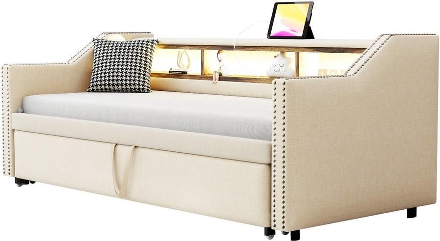 Merax Slaapbank 90 180x190cm met uitschuifbaar bed opbergruimte LED-verlichting en USB-aansluiting beige zonder matras