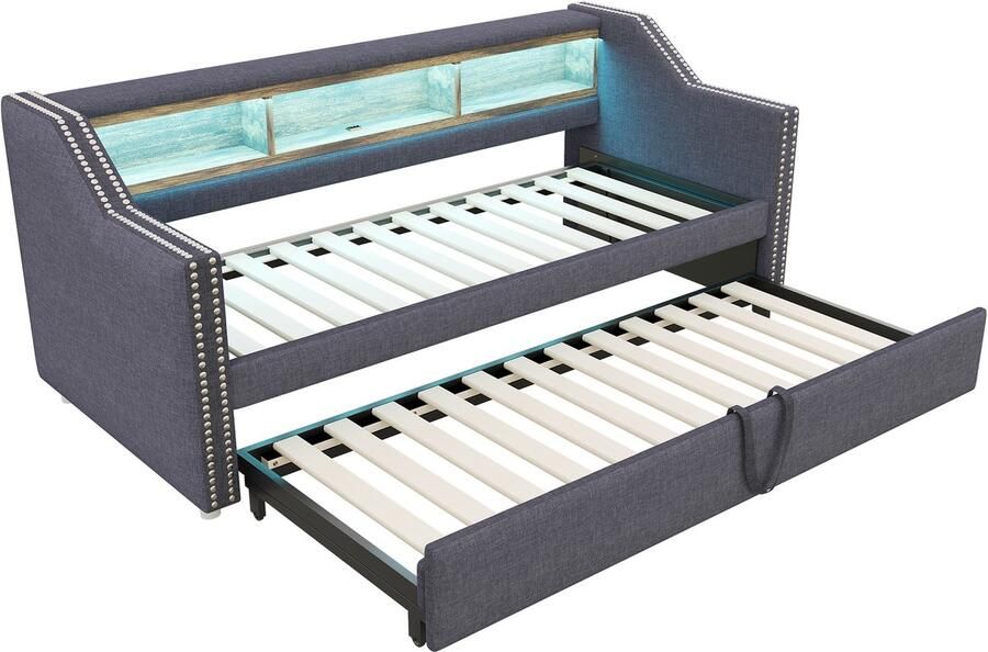 Merax Slaapbank 90 180x190cm met uitschuifbaar bed opbergruimte LED-verlichting en USB-aansluiting donkergrijs zonder matras