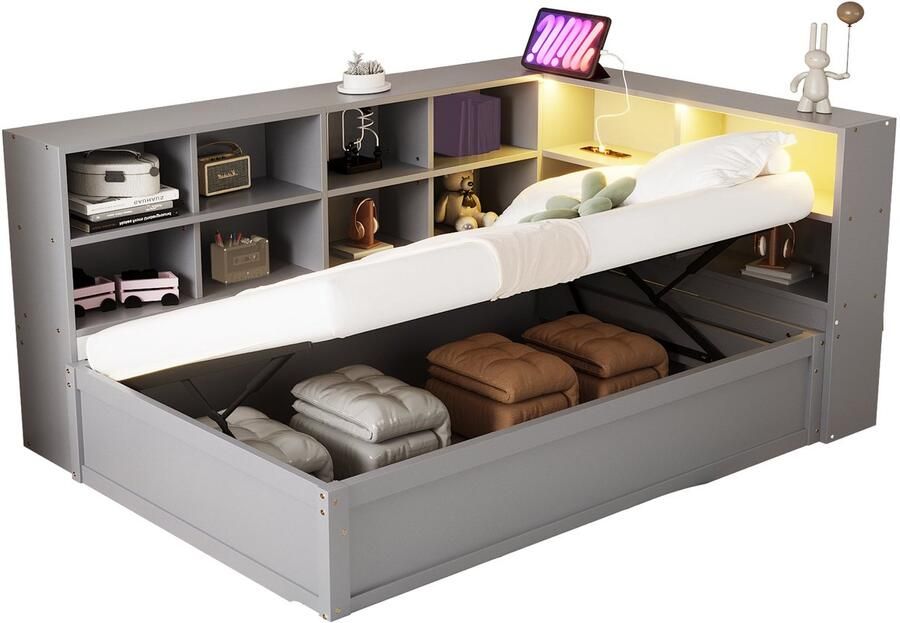Merax Slaapbank 90×200 cm – Houten Multifunctioneel Bed met Hydraulische Opbergruimte – LED Verlichting – Meerdere Opbergvakken – Stopcontact met USB – Grijs – Zonder Matras