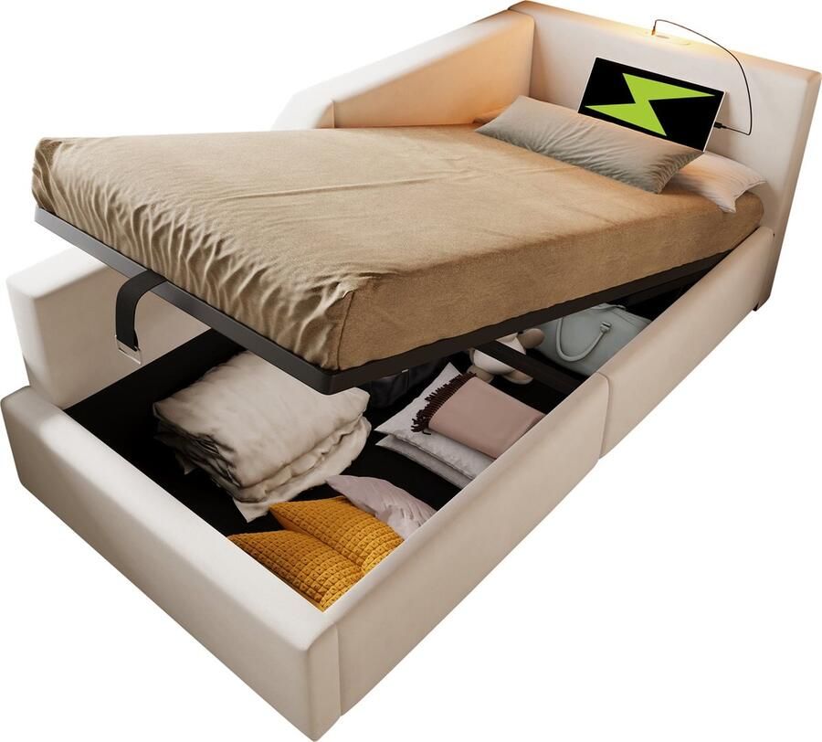 Merax Gestoffeerd Eenpersoonsbed met Hydraulische Opbergruimte 90x200 cm Bed Inclusief USB-C en LED Leeslamp Beige Fluwelen Stof