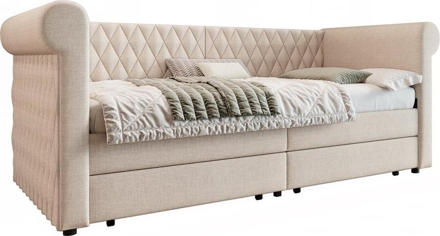 Merax Vintage Hoofdbord Gestoffeerd Bed 90x200 cm – Multifunctioneel Dagbed met 2 Opberglades Beige (Zonder Matras)
