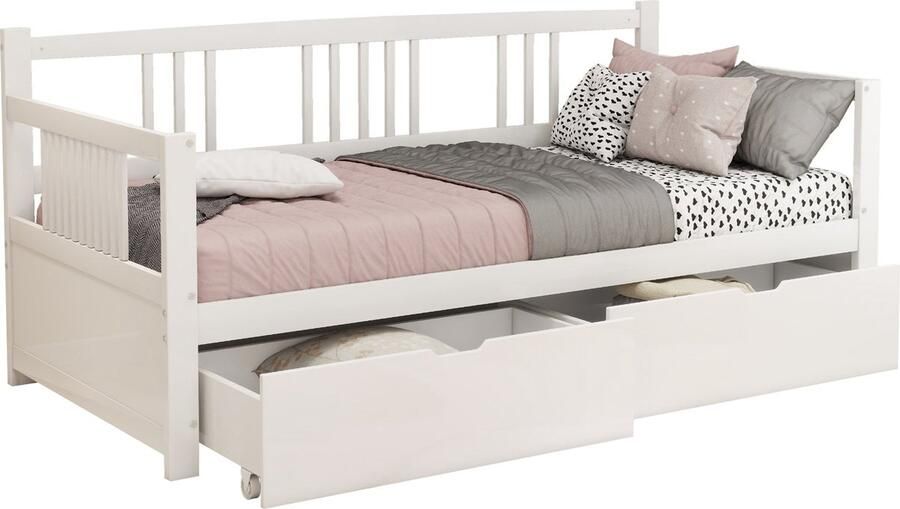 Merax Slaapbank 90x200 cm Eenpersoonsbed met 2 Opberglades Houten Bed Kinderbed Tienerbed Dagbed Wit