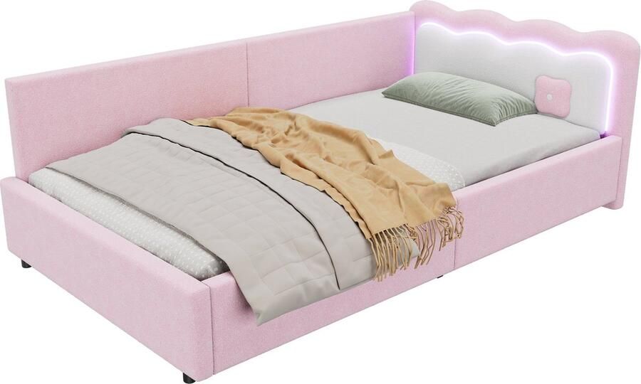 Merax Slaapbank 90x200 cm – Eenpersoonsbed met LED-verlichting en Afstandsbediening – Roze Daybed – Fluwelen Bekleding