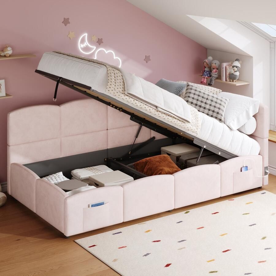 Merax Slaapbank 90x200 cm eenpersoonsbed met matrasframe USB-oplaadpoort en opbergzakken kinderbed fluweel roze zonder matras