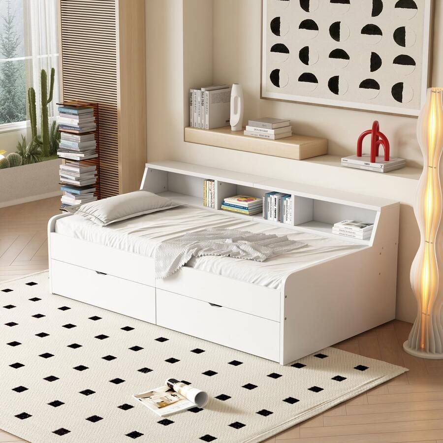 Merax Slaapbank 90x200 cm eenpersoonsbed met twee lades met opbergruimte wit zonder matras
