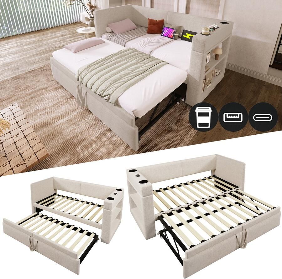 Merax Slaapbank 90x200 cm eenpersoonsbed met uitschuifbaar bed armleuningen met USB- en Type-C-oplaadpoorten en bekerhouders beige zonder matras