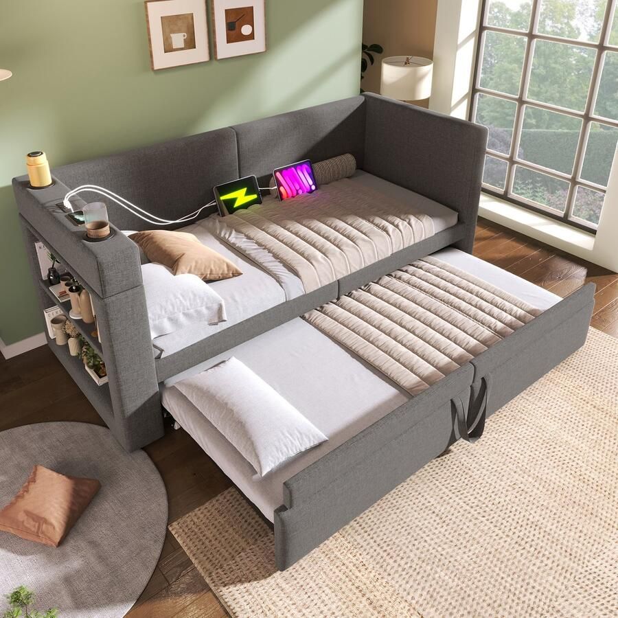 Merax Slaapbank 90x200 cm eenpersoonsbed met uitschuifbaar bed armleuningen met USB- en Type-C-oplaadpoorten en bekerhouders grijs zonder matras