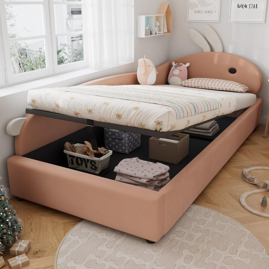 Merax Slaapbank 90x200 cm kinderbed met konijnenrugleuning met opbergruimte zachte leuningen linkerpaneel roze zonder matras