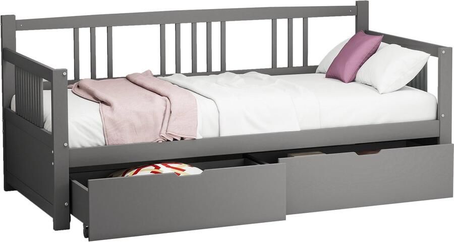 Merax Schlafsofa 90x200 cm Massief Houten Bed met Twee Opberglades Jeugdbed Kinderbed Grijs