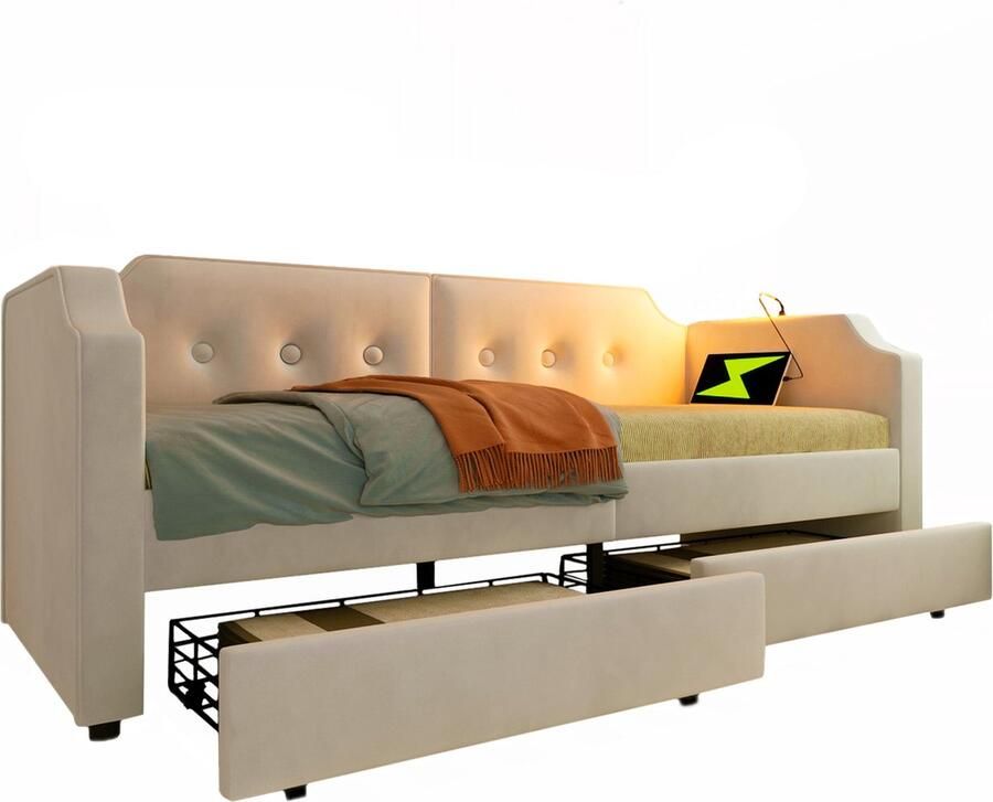 Merax Gestoffeerd Sofabed 90x200 cm met USB-C Oplaadpunt en Leeslamp – Slaapbank met 2 Opberglades Kinder- en Tienerbed Bedframe met Lattenbodem Samt Beige (Zonder Matras)