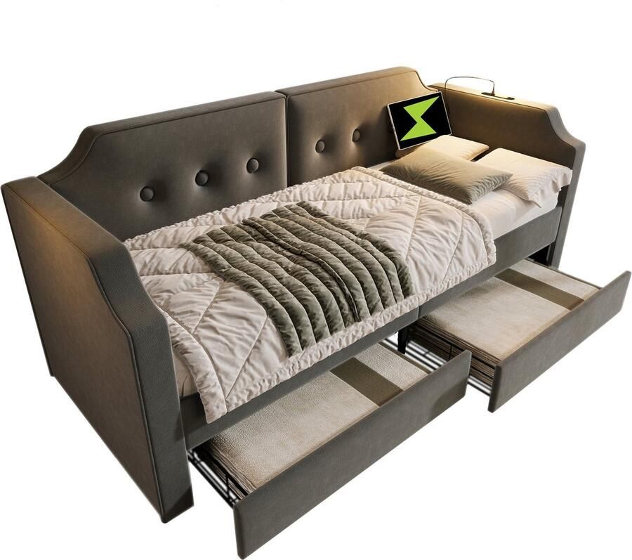Merax Polsterbett Sofabett 90x200 cm mit USB-Type-C Leselicht Schlafsofa Tagesbett mit 2 Stauraum Schubladen kinderbett Jugendbett Bettgestell mit Lattenrost aus Holz Samt Grau(Ohne Matratze) - Foto 2