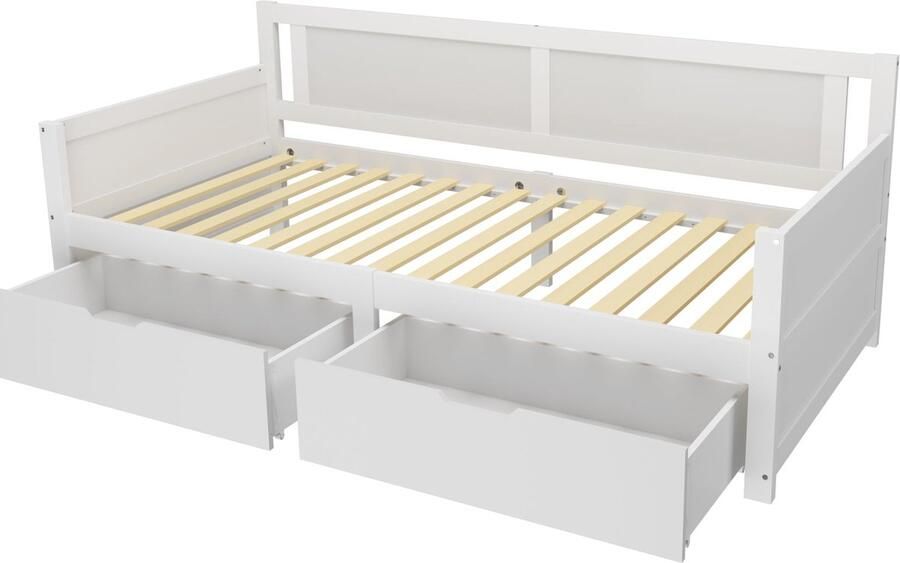 Merax Slaapbank 90x200 cm met 2 Opberglades Eenpersoonsbed Massief Houten Frame Kinderbed Wit