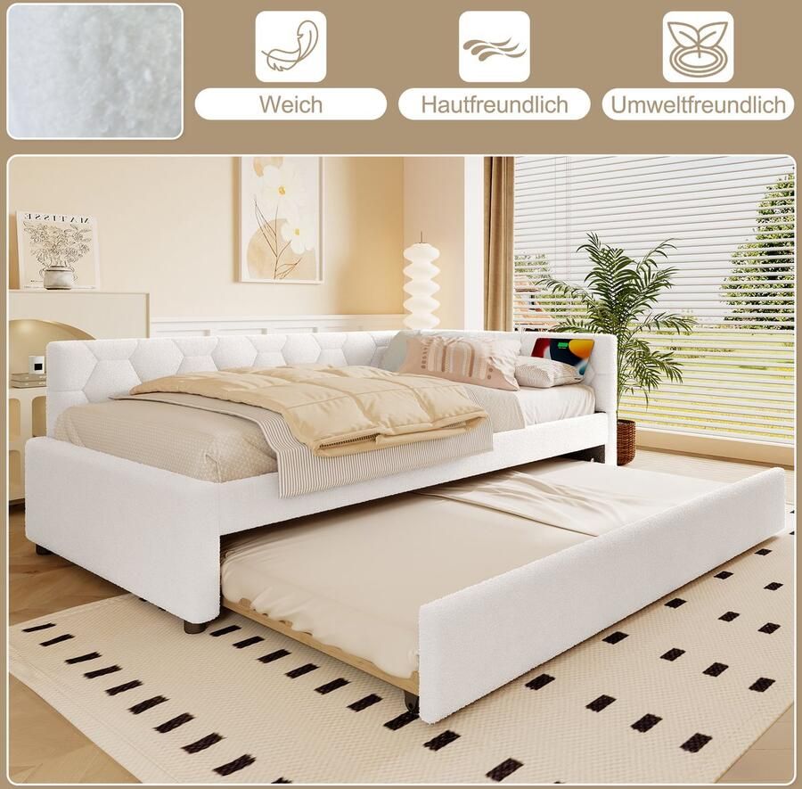 Merax Slaapbank 90x200 cm met bedlampje Gestoffeerd bed met uitschuifbaar bed USB-poort Type-C wit zonder matras