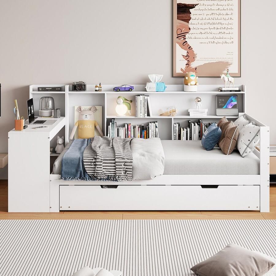 Merax Slaapbank 90x200 cm met bureau boekenplank opbergrek met stopcontact met uitschuifbaar bed wit zonder matras