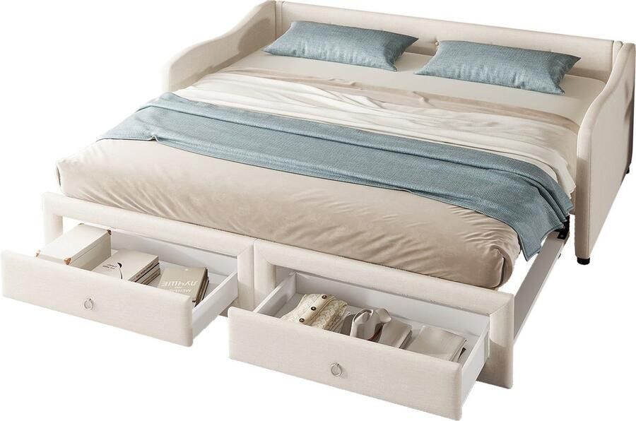 Merax Eenpersoonsbed 90x200 cm met Uitrolbed Sofabed met 2 Laden Minimalistisch Design Beige Zonder Matras Linnen