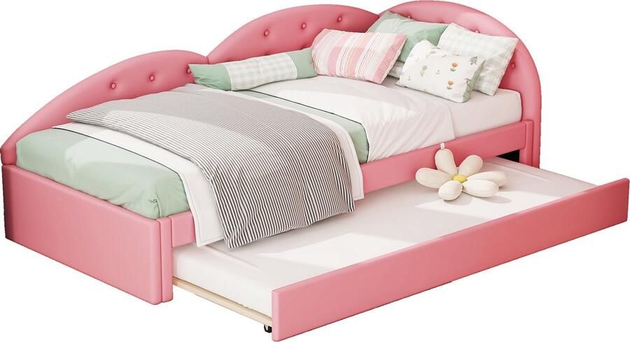 Merax Slaapbank 90x200 cm met Extra Uitschuifbaar Bed 80x190 cm Kunstleer Gestoffeerd Bedframe Roze